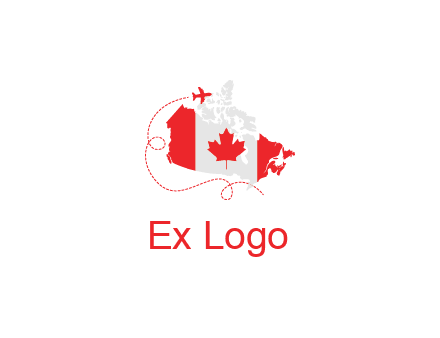Canadian flag on the map with an airplane flying around it for a Canada tourism logo