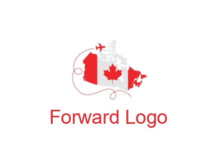 Canadian flag on the map with an airplane flying around it for a Canada tourism logo