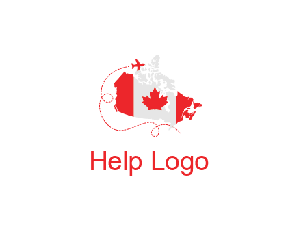 Canadian flag on the map with an airplane flying around it for a Canada tourism logo