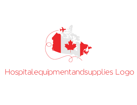 Canadian flag on the map with an airplane flying around it for a Canada tourism logo