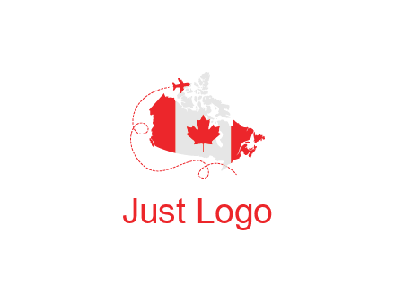 Canadian flag on the map with an airplane flying around it for a Canada tourism logo