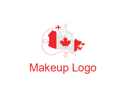 Canadian flag on the map with an airplane flying around it for a Canada tourism logo