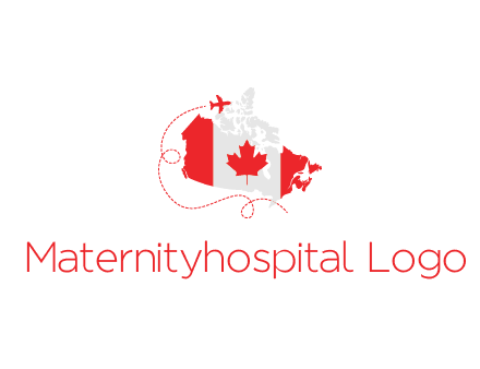 Canadian flag on the map with an airplane flying around it for a Canada tourism logo