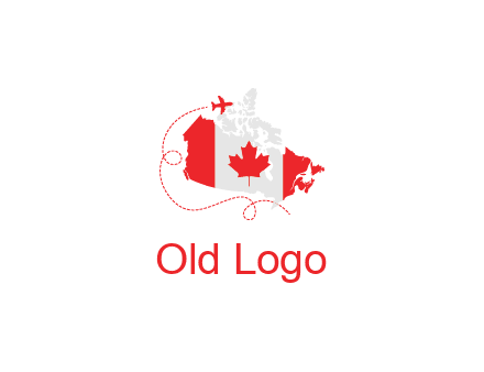 Canadian flag on the map with an airplane flying around it for a Canada tourism logo