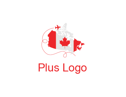 Canadian flag on the map with an airplane flying around it for a Canada tourism logo