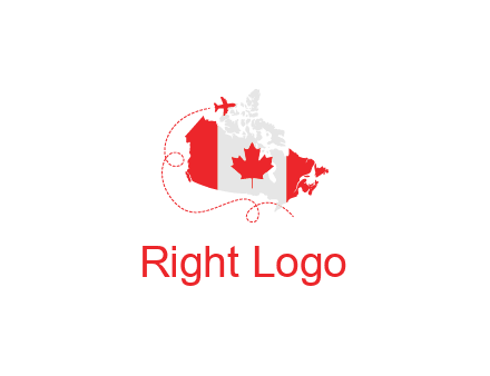 Canadian flag on the map with an airplane flying around it for a Canada tourism logo