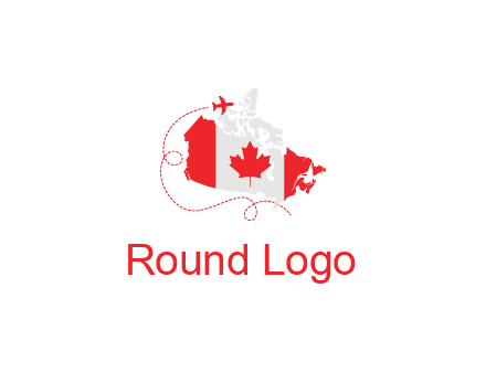Canadian flag on the map with an airplane flying around it for a Canada tourism logo