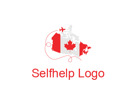 Canadian flag on the map with an airplane flying around it for a Canada tourism logo