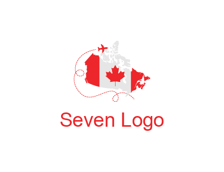 Canadian flag on the map with an airplane flying around it for a Canada tourism logo