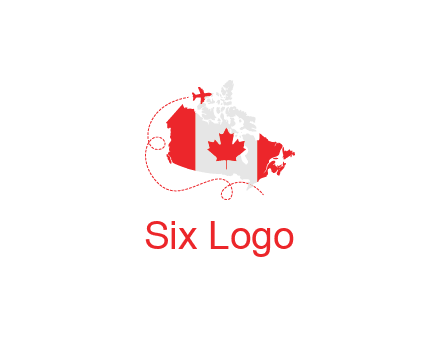 Canadian flag on the map with an airplane flying around it for a Canada tourism logo