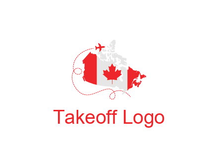 Canadian flag on the map with an airplane flying around it for a Canada tourism logo