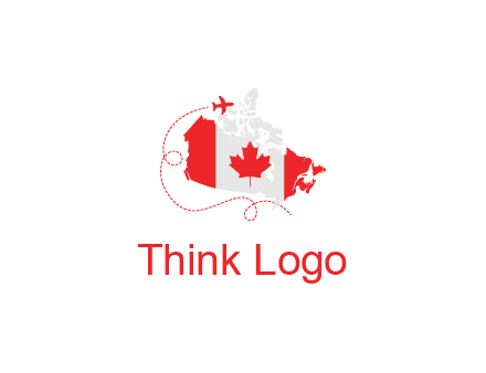 Canadian flag on the map with an airplane flying around it for a Canada tourism logo