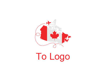 Canadian flag on the map with an airplane flying around it for a Canada tourism logo
