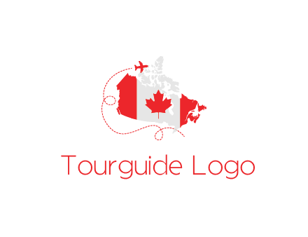 Canadian flag on the map with an airplane flying around it for a Canada tourism logo