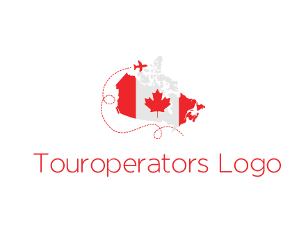 Canadian flag on the map with an airplane flying around it for a Canada tourism logo