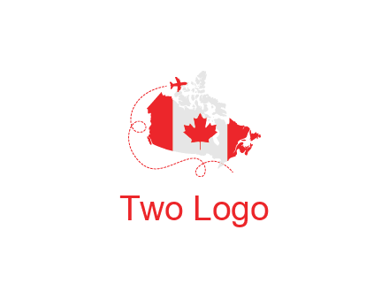 Canadian flag on the map with an airplane flying around it for a Canada tourism logo