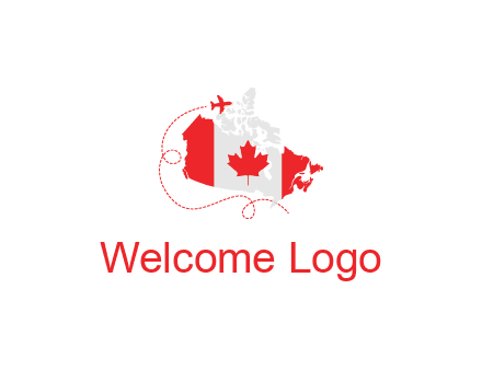 Canadian flag on the map with an airplane flying around it for a Canada tourism logo