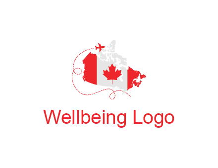 Canadian flag on the map with an airplane flying around it for a Canada tourism logo