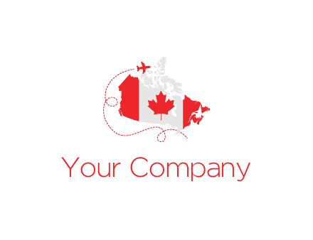 Canadian flag on the map with an airplane flying around it for a Canada tourism logo