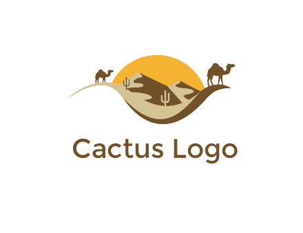 eye of the desert travel logo with sand dunes, camels, cactus and the sun