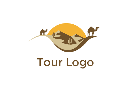 eye of the desert travel logo with sand dunes, camels, cactus and the sun