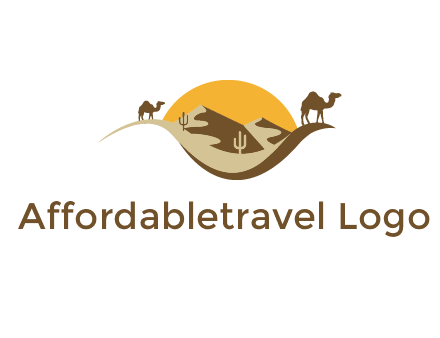eye of the desert travel logo with sand dunes, camels, cactus and the sun