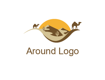 eye of the desert travel logo with sand dunes, camels, cactus and the sun
