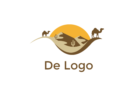 eye of the desert travel logo with sand dunes, camels, cactus and the sun
