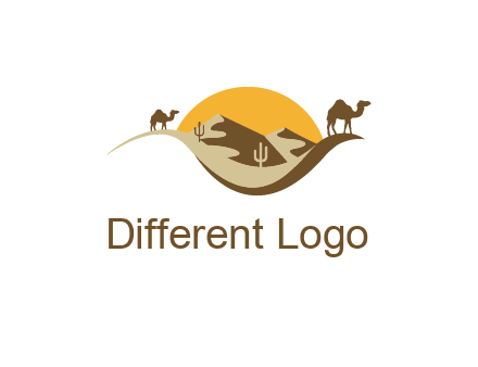 eye of the desert travel logo with sand dunes, camels, cactus and the sun