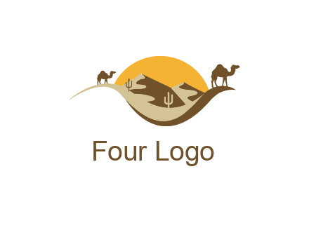 eye of the desert travel logo with sand dunes, camels, cactus and the sun