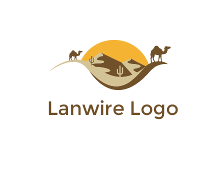 eye of the desert travel logo with sand dunes, camels, cactus and the sun
