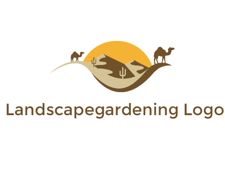 eye of the desert travel logo with sand dunes, camels, cactus and the sun