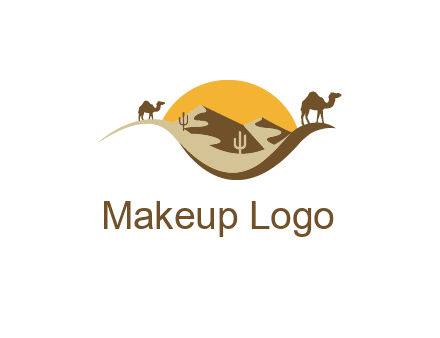 eye of the desert travel logo with sand dunes, camels, cactus and the sun