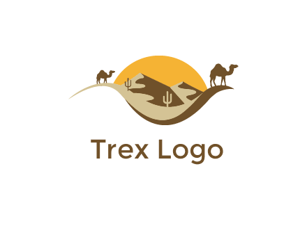 eye of the desert travel logo with sand dunes, camels, cactus and the sun