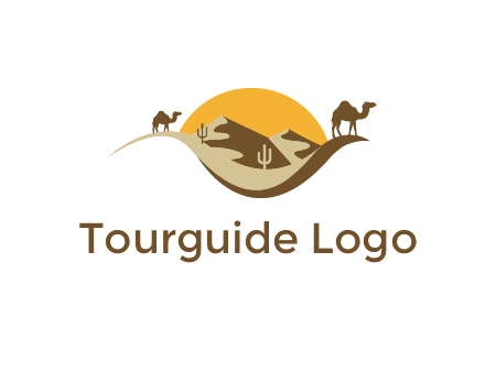 eye of the desert travel logo with sand dunes, camels, cactus and the sun