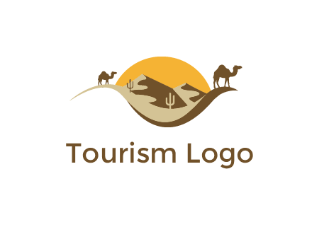 eye of the desert travel logo with sand dunes, camels, cactus and the sun