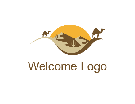 eye of the desert travel logo with sand dunes, camels, cactus and the sun