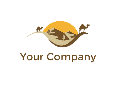 eye of the desert travel logo with sand dunes, camels, cactus and the sun