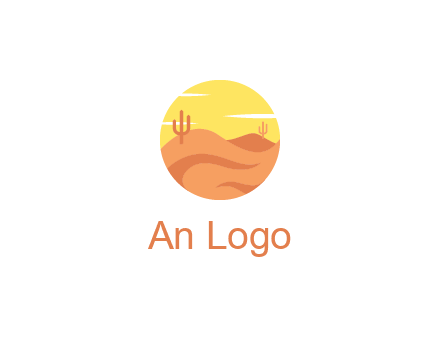 circular logo showing a desert landscape with cactus