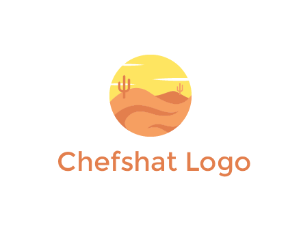 circular logo showing a desert landscape with cactus