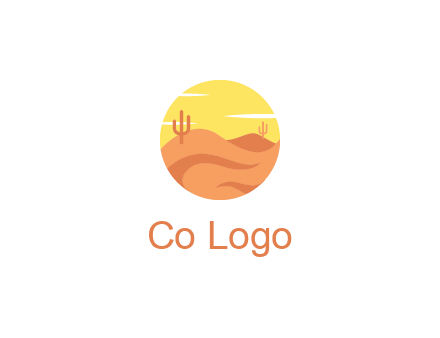 circular logo showing a desert landscape with cactus