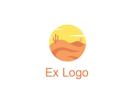 circular logo showing a desert landscape with cactus