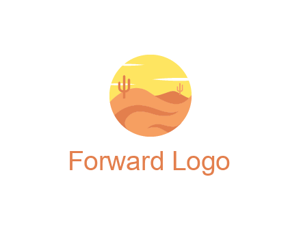 circular logo showing a desert landscape with cactus