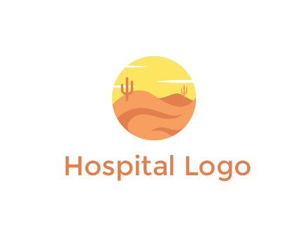circular logo showing a desert landscape with cactus