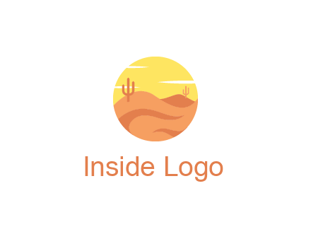 circular logo showing a desert landscape with cactus