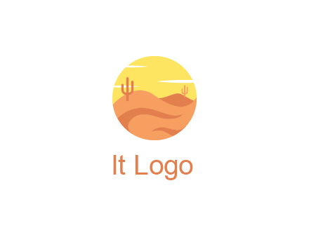 circular logo showing a desert landscape with cactus