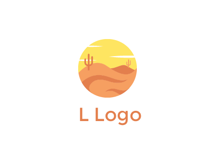 circular logo showing a desert landscape with cactus