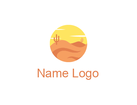 circular logo showing a desert landscape with cactus