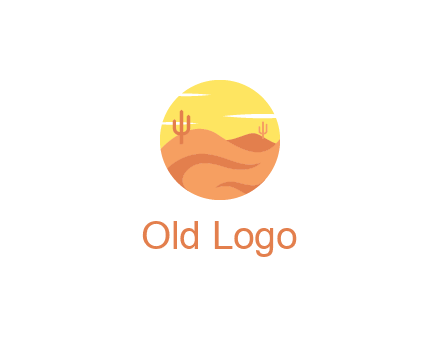 circular logo showing a desert landscape with cactus