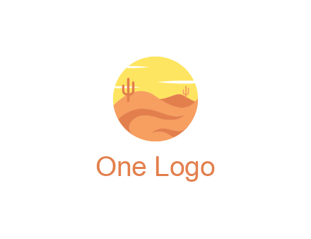 circular logo showing a desert landscape with cactus